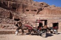 Horse-drawn carriage decorate with colorful fabirc in archaeological site of Petra