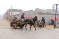 Traditional horse-drawn carriage in foggy walled town Pingyao, China