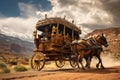 A horse drawn carriage is seen traveling down a dirt road., A stage coach hurtling along the wild west, AI Generated