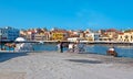 The horse-drawn carriages on Akti Tompazi promenade of Chania, Crete, Greece Royalty Free Stock Photo