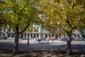 Horse Drawn Cart Buggy carrying tourists passing by Rue de la Commune street in Old Montreal seafront, or Vieux Montreal, Quebec,