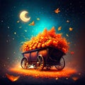 Horse drawn wagon full of oranges and butterflies flying around - 3d illustration Generative AI