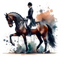 Horse. Dressage. Equestrian sport. Horseman in uniform riding horse. Watercolor paint. Banner. Close-up. White