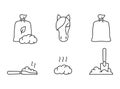 Horse dung. Linear icons set of bag, scoop, shovel, pile. Black simple illustration of organic manure, plant fertilizer for