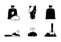 Horse dung silhouette icons set. Outline bag, scoop, shovel, pile. Black illustration of organic manure, plant fertilizer for Royalty Free Stock Photo