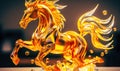 Horse in dynamic pose statuette made of glass. Fantasy horse. Fire elemental. Glass figure closeup