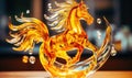 Horse in dynamic pose statuette made of glass. Fantasy horse. Fire elemental. Glass figure closeup