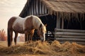 horse eating hay near old rustic barn Royalty Free Stock Photo