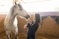 Happy Owner With Equine In Ranch