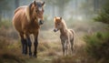 Horse family grazing in meadow at sunset generated by AI Royalty Free Stock Photo