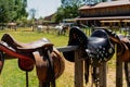 Horse farm concept with saddles with blurred horses in background Royalty Free Stock Photo