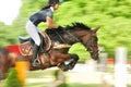 Horse with female jockey jumping a hurdle