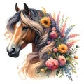 Horse. Flowers. Head. Portrait. Watercolor. Isolated illustration on a white background. Banner. Close-up. Generative AI Royalty Free Stock Photo
