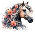Horse. Flowers. Head. Portrait. White Horse. Watercolor. Isolated illustration on a white background. Banner. Close-up Royalty Free Stock Photo