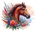 Horse. Flowers. Head. Stallion. Portrait. Watercolor. Isolated illustration on a white background. Banner. Close-up