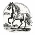 Cosmic Symbolism: Engraved Gothic Illustration Of A Horse Walking In The Countryside