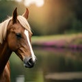 Horse with focus object in wild running and free exotic atmosphere of river and mountain forest