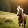 Horse with focus object in wild running and free exotic atmosphere of river and mountain forest