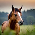 Horse with focus object in wild running and free exotic atmosphere of river and mountain forest