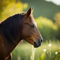 Horse with focus object in wild running and free exotic atmosphere of river and mountain forest