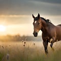 Horse with focus object in wild running and free exotic atmosphere of river and mountain forest