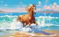 Horse frolicking on the sandy beach, Generative AI Royalty Free Stock Photo