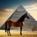 A and a horse in front of a pyramid