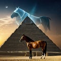 A and a horse in front of a pyramid