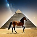 A and a horse in front of a pyramid