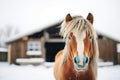 horse with frosted mane standing near a snowy barn Royalty Free Stock Photo