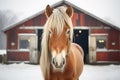 horse with frosted mane standing near a snowy barn Royalty Free Stock Photo