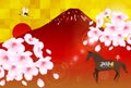 Horse Fuji cherry tree New Year s card Royalty Free Stock Photo