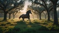 Majestic Dark Horse Galloping Through Golden Sunrise Meadow Royalty Free Stock Photo