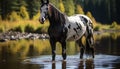 A horse grazes peacefully by the tranquil pond at sunset generated by AI Royalty Free Stock Photo