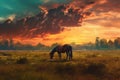 Horse grazing meadow. Generate Ai Royalty Free Stock Photo