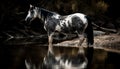 Horse grazing in a wet meadow, reflecting its beauty generated by AI