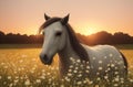 Horse on green lawn with daisies at sunset. Beautiful horse on green grass with wild flowers, chamomile. Generative AI.