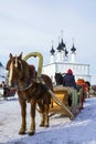 Horse harnessed to a sledge. Suzdal, Russia