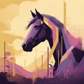 Horse Head Animal Drawn AI Generative Head Portrait Yellow Purple Illustration