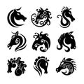 Horse head art templates, heraldic or fairy tattoo symbols Royalty Free Stock Photo