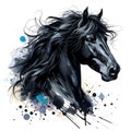 Horse head. Black stallion. Portrait. Watercolor paint. Isolated illustration on a white background. Banner. Close-up Royalty Free Stock Photo