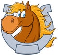 Horse Head Cartoon Mascot Character With Horseshoe. Royalty Free Stock Photo