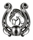 Horse head in the horseshoe. Logo. icon, emblem.