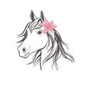 Horse head Portrait, face with flowers. Emblem, logo. Line art