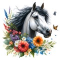 Horse head. Portrait. White Horse. Flowers. Watercolor. Isolated illustration on a white background. Banner. Close-up Royalty Free Stock Photo