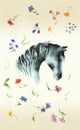 Horse head silhouette hand drawing watercolor with wild flowers on aged paper. Royalty Free Stock Photo