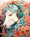 Horse in headphones in Art Nouveau style.Watercolor pencil drawing in turquoise, peach fuzz colors