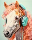 Horse in headphones in Art Nouveau style.Watercolor pencil drawing in turquoise, peach fuzz colors