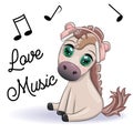 Horse in headphones listens to music. I love music, cute character