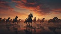 a horse herd against a solid background, under the soft hues of a twilight sky